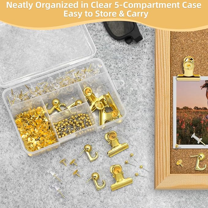 Gold Push Pins Set, 310 Pcs Decorative Thumb Tacks for Cork Board with Push Pin Hooks & Clips, 5 Styles Office Pushpins Set in Storage Box for Bulletin Board, Maps, Photos, Notes