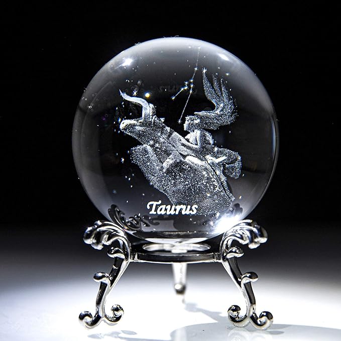 3D Laser Constellation Crystal Ball Crystal Paperweight Full Sphere Glass Fengshui with Sliver-Plated Flowering Stand(Taurus)