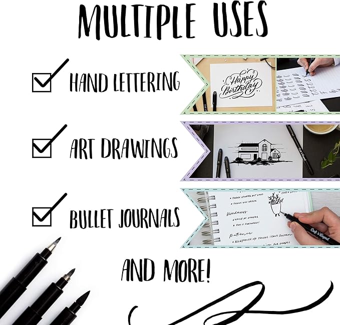 Craft 'n' Beyond Calligraphy Brush Pens Pack of 5 Markers for Hand Lettering, Art Drawing, Sketching, Scrapbooking, Writing, Journaling tip - Beginner Kit with Fadeproof Black Ink