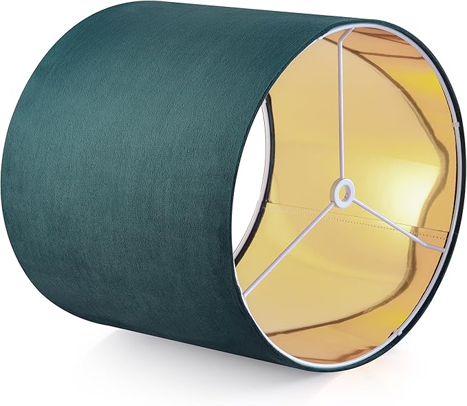Green Velvet Lampshades Set of 2 Medium Drum Lamp Shade 13" Top x 13" Bottom x 10" High (Spider) Modern Lamp Shade - Ideal for Table & Floor Lamps - Lampshades Replacement - By GO&SO