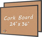 Board2by 2-Pack Cork Board Bulletin Board 24 x 36, Black Wood Framed 2x3 Corkboard, Office Board for Wall Cork, Large Wall Mounted Notice Pin Board with 32 Push Pins for School, Home & Office