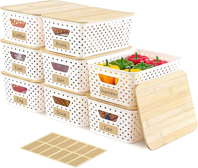 AntStep 8 Pack Plastic Storage Bins with Bamboo Lids - Stackable Storage Baskets with Handle for Pantry Organizer and Storage, Plastic Containers Bins Lidded Storage Bins for Classroom Office Shelves