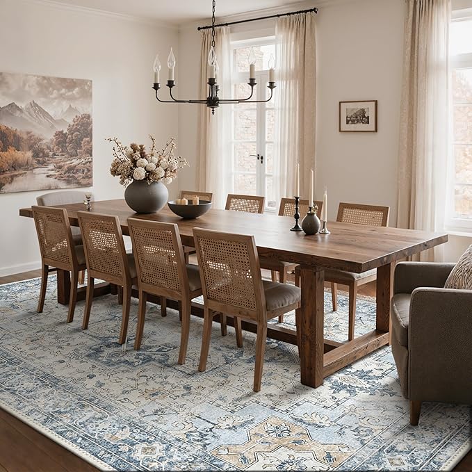 GENIMO 6x9 Area Rugs for Living Room, Non Slip Machine Washable Rugs, Low Pile Chenille Print Rug for Bedroom, Dining Room, Home Office, Blue