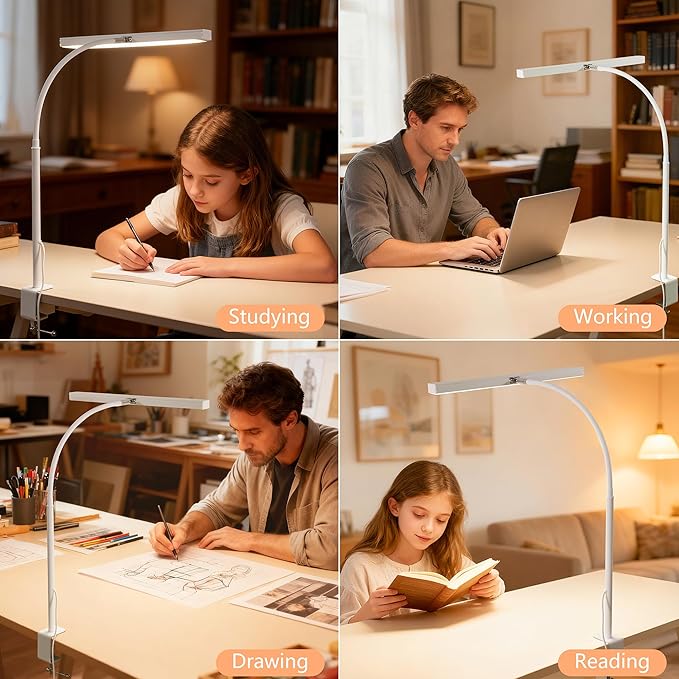 FAPEMIH LED Desk Lamp for Office Home, Adjustable Flexible Eye-Caring Desk Light with,5 Modes 10 Brightness Adjustment, USB Adapter Desk Lamp with Clamp-T-W