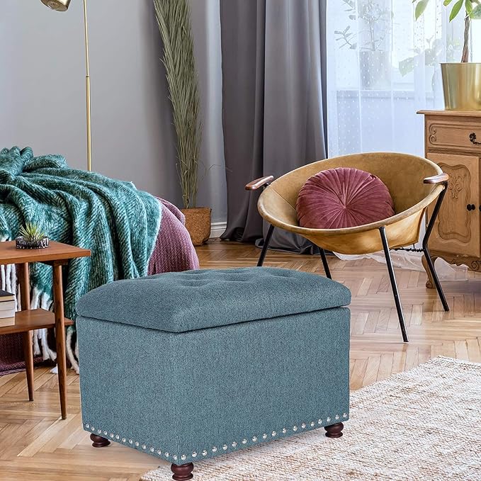 Decent Home 24’’ Rectangular Upholstered Storage Ottoman for Living Room- Fabric Foot Stool with Nail-Head Trim- Chests and Organizers, Load Up to 350 lb, Lake Blue