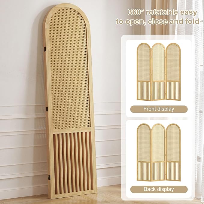 3-Panel Hand-Woven Rattan Room Divider, Tall Foldable Privacy Screen with Wooden Frame - Freestanding Portable Partition for Home Office, Bedroom, Bathroom(Natural-Pine)