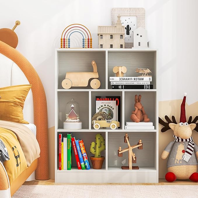 Tangkula 7-Cube Bookshelf, 41” Floor Bookcase with 2 Anti-Tipping Kits, Freestanding Storage Organizer, 4-Tier Display Shelf for Home, Office & Dorms, Natural/White (White, 7-Cube)