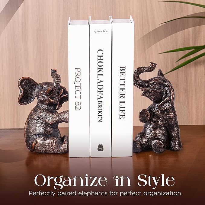 DURAGOODS Decorative Vintage Elephant Bookends with Non-Slip Padding for Shelves to Hold Books - Heavy Duty Resin Book Holders for Bookshelf Decor, Home, Office, Living Room – 4” L x 4” W x 7”H