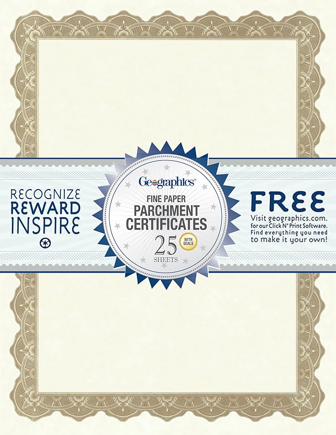 Geographics Optima Gold Blank Award Certificate Paper with Gold Foil Seals, 8.5 x 11", Seal 1.75" (Pack of 25)