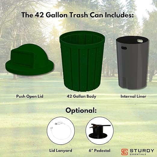 Campus Collection 42 Gallon Slatted Round Trash Can | Commercial Outdoor and Indoor Garbage Can with Push Open Dome Lid and Internal Liner | Great for Schools and Businesses - Green Granite