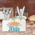 QZQE Boho Jesus Christian Pen Pencil Holder Organizer for Desk, Let Me Tell You about My Jesus Bible Verse Wooden Box Signs Decorations for Home Office Desk Tabletop