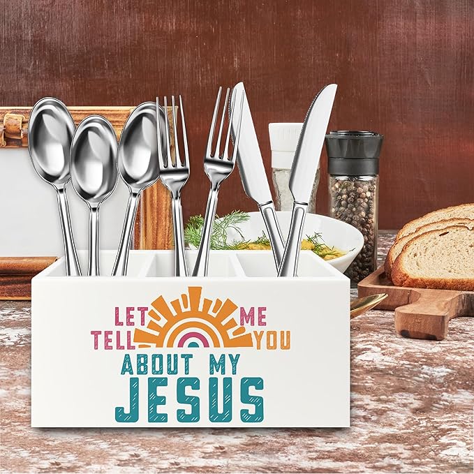 QZQE Boho Jesus Christian Pen Pencil Holder Organizer for Desk, Let Me Tell You about My Jesus Bible Verse Wooden Box Signs Decorations for Home Office Desk Tabletop