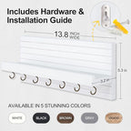 Lwenki Decorative Key Holder for Wall with Shelf, Entryway Shelf with Hooks Holds Leashes, Jackets and Glasses – Sturdy Wood Keyholder Entrance Hanger with Mounting Hardware (White, Large)