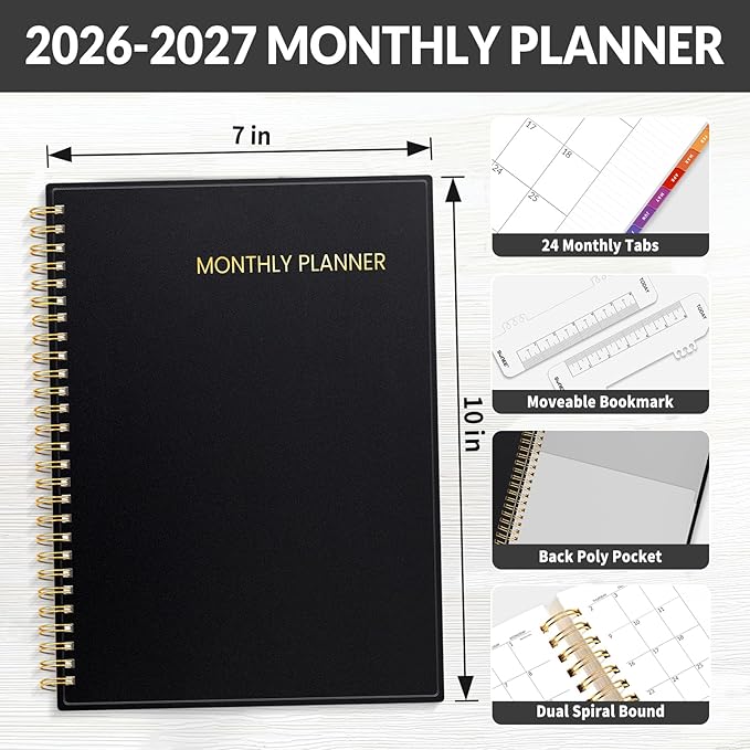 SUNEE 2026-2027 Planner - 24 Months (Jan 2026 - Dec 2027) - 7"x10" Monthly Spreads & Yearly Planner, Black