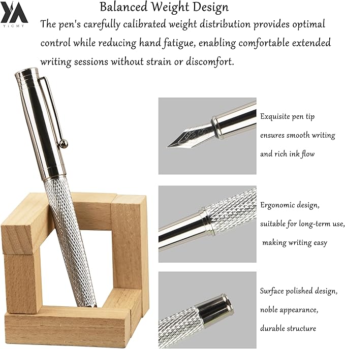 YICMY Fancy Fountain Pen Set – Fine & Medium Nibs, Includes 18 Ink Cartridges, Ink Converter, Syringe Filler, Luxury Gift for Writing, Journaling & Calligraphy，Silvery