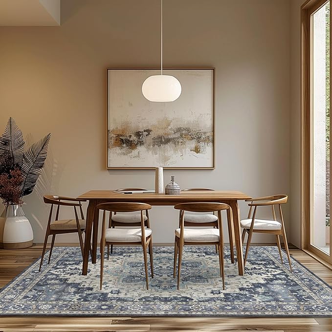 GENIMO 6x9 Area Rugs for Living Room, Machine Washable Non Slip Vintage Rugs, Low Pile Lightweight Chenille Print Rug for Bedroom, Dining Room, Home Office, Center Blue