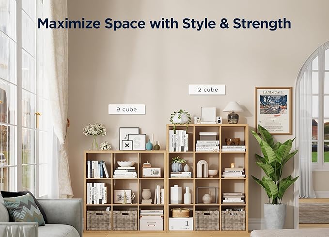 Jpiziso 9-Cube Storage Organizer, Wooden Cube Shelf Bookcase with Reinforced Thick Shelves, Heavy-Duty 36.93" L x 9.37" W x 36.93" H, for Living Room Bedroom Home Office, Natural-Oak