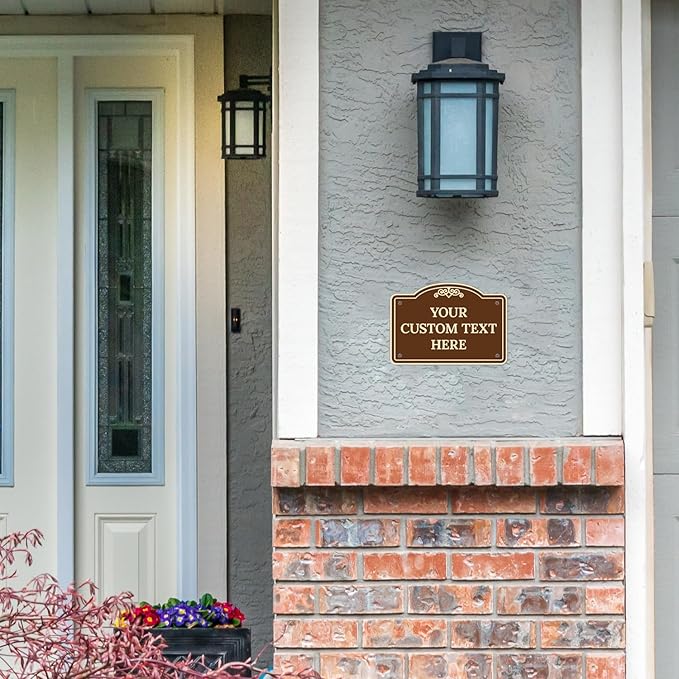 Custom Decorative Sign, Personalized Metal Sign for Business, Driveway, Home, Airbnb, Office Door Plaque, Brown Background Sign, 7x10 Inches, ACM, Fade Resistant, Made in USA by Sigo Signs