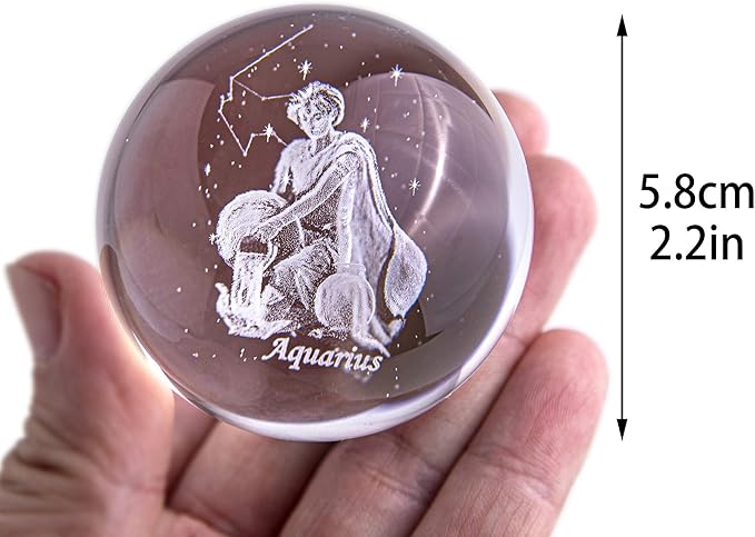 3D Laser Constellation Crystal Ball 60mm Crystal Paperweight Full Sphere Glass Fengshui with Sliver-Plated Flowering Stand(Aquarius)
