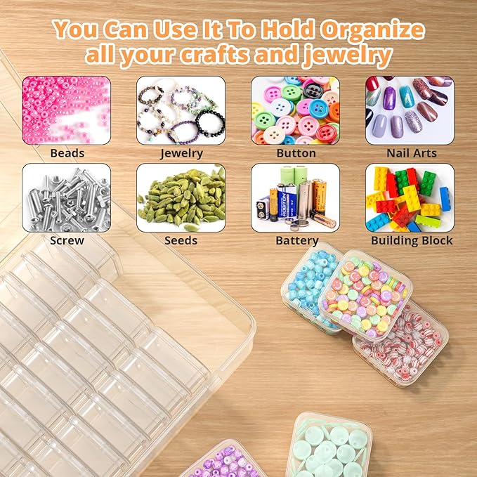 Mathtoxyz Bead Organizer Box, 31Pcs Small Beads Organizers and Storage Plastic Cases Mini Clear Dimond Storage Containers Boxes with Hinged Lid and Rectangle for Bracelet Making DIY Jewelry Craft Nail