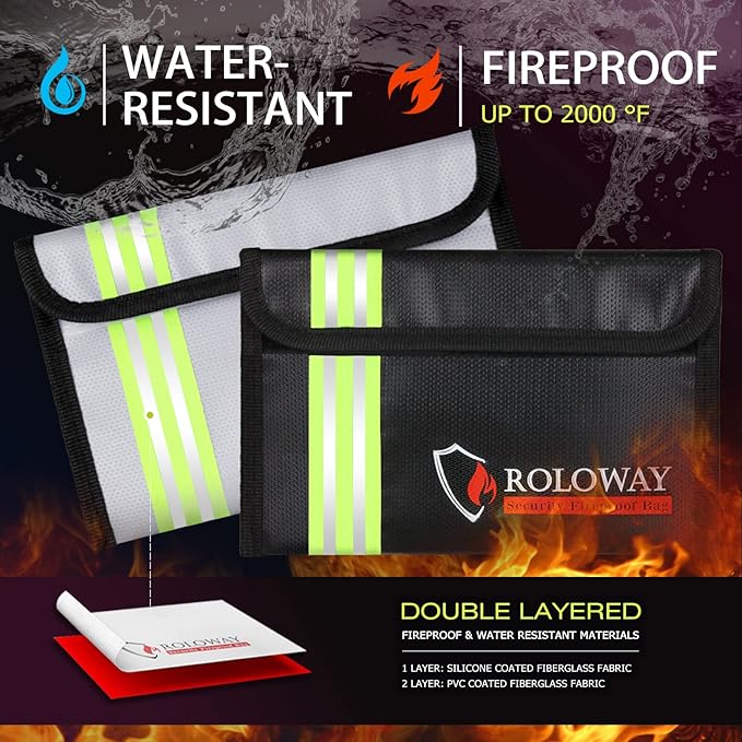 ROLOWAY Small Fireproof Bag (5 x 8 inches) with Reflective Strip, Fireproof Money Bag for Cash, Valuables, Passport, Currency & Keys (2-Pack)