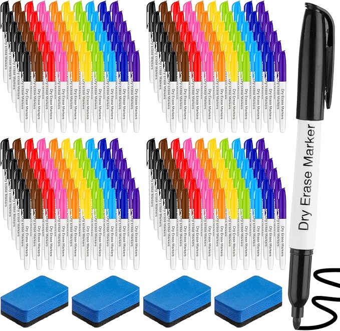 Thenshop 200 Pack Dry Erase Markers Bulk with 4 Magnetic Erasers Fine Tip Dry Erase Markers Whiteboard Pens Bulk for Office Supplies(Cute Color)