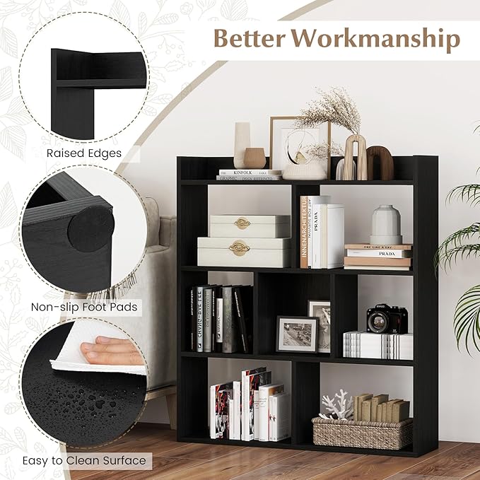 Giantex 7 Cubes Bookshelf, Free-Standing Wooden Bookcase, 4 Tier Home Display Shelf, Horizontal Storage Unit w/Anti-Toppling Devices, Open-Back Display Rack for Study, Living Room (2, Black)