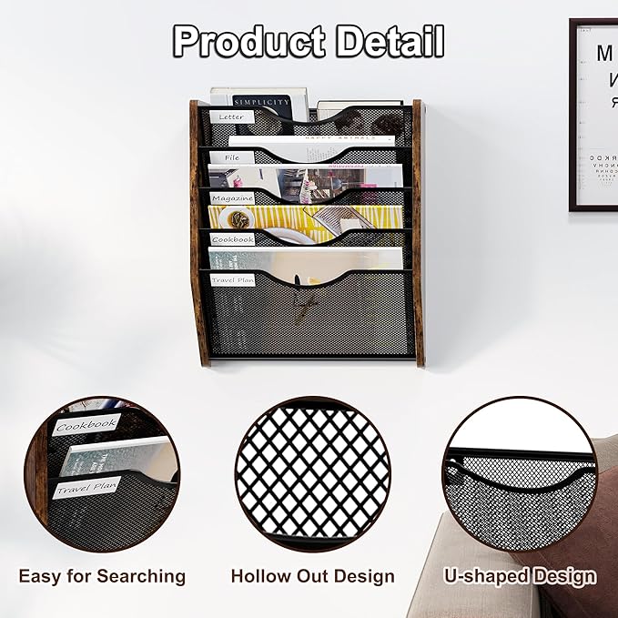 PAG-Mass Wall File Organizer,5 Tier Mesh Mail Organizer Wall Mounted,Hanging File Holder,Magazine Rack for Documents,Magazine,Literature,File,Mails,Envelopes