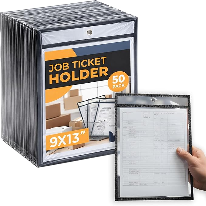 Pack of 50 Job Ticket Holders 10x14 Heavy Duty, 8.5 x 11 Letter Size, Clear & Black Plastic Sleeves, Hanging Document Sleeves, C-line Shop Ticket Holders 10x14