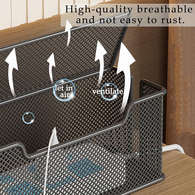 Yomjarl Cable Management Box,Desk Cable Organizer Box,No Installation Wire Cord Box Hider,Metal Mesh Cord Holder for Desk TV Computer USB Hub System to Cover and Hide & Power Strips & Cords