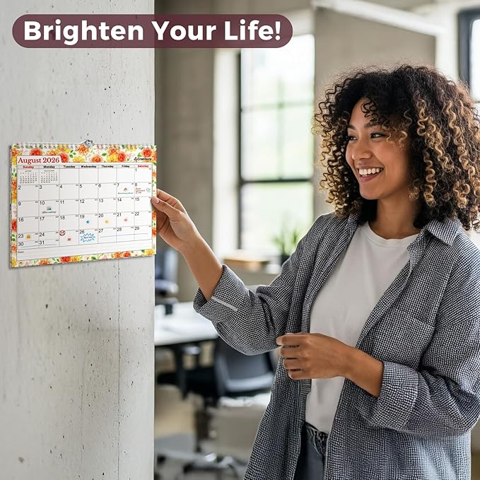 Cranbury Wall Calendar 2026 8.5x11, 12 Month Desk Calendar with Bouns Stickers and Large Writing Blocks, Premium Paper, Floral Design, 8x11 Planner 2026, Twin-Wire Binding