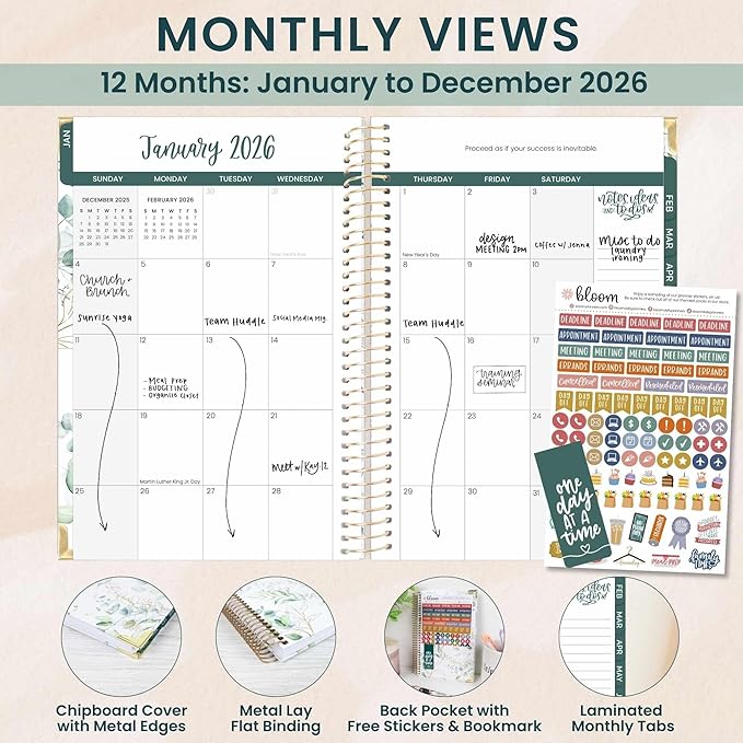 bloom daily planners HARDCOVER 2026 Planner (January to December) - A5 Task Goal Organizer - Monthly & Weekly Inspirational Agenda Book - 5.5" x 8.25" - Eucalyptus, White