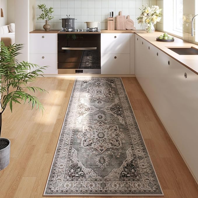 Rugcomf Vintage Medallion Kitchen Rugs Non Slip Washable 2'7"x8' - Low Pile Runner Rug, Boho Carpet for Hallways, Laundry, Bedroom, Bathroom - Grey and White