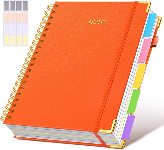 Hardcover Spiral Notebook 8.5"x11" Journal with Removable Dividers Tabs, 300 Pages Leather 5 Subject Notebook College Ruled, Large Notebooks for Work School, Lined Journal for Women, A4 Orange