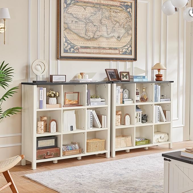 Joaxswe 9 Cube Bookcase, Farmhouse 47 Inch Wide White Bookshelf, Wooden 3 Tier Display Large Open Book Shelf, Vintage Horizontal Book Case for Home Office, Cubby Storage Cabinet for Living Room