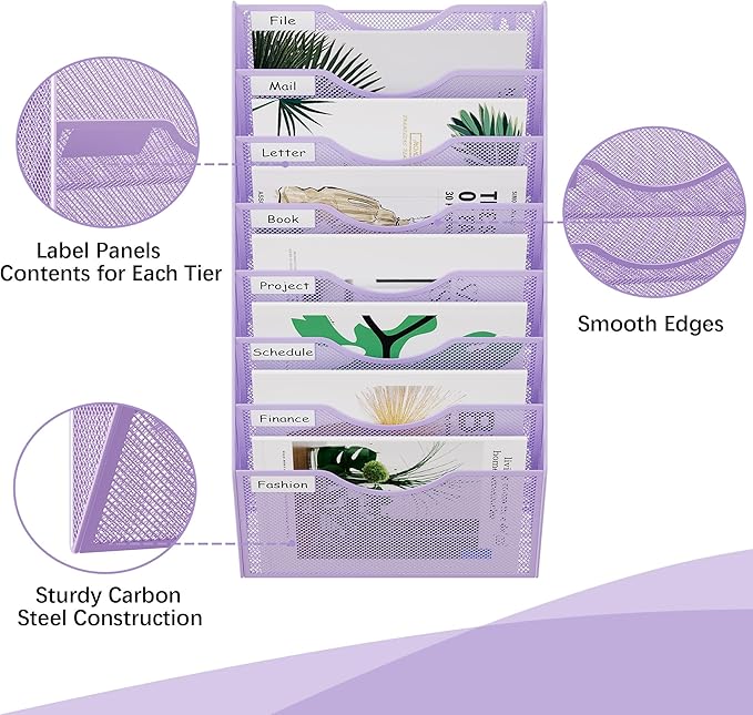 EasyPAG 8 Pocket Mesh Wall File Organizer, Hanging Paper Folder Holder with Classify Label, Vertical Wall Mount Mail Organizer for Office Home Classroom, Purple