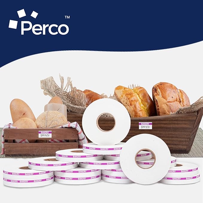 Perco Purple Reverse Print on White Bakery Labels to fit Monarch 1110 Price Gun - 16 Rolls, 17,000 Labels with Ink Roll Included