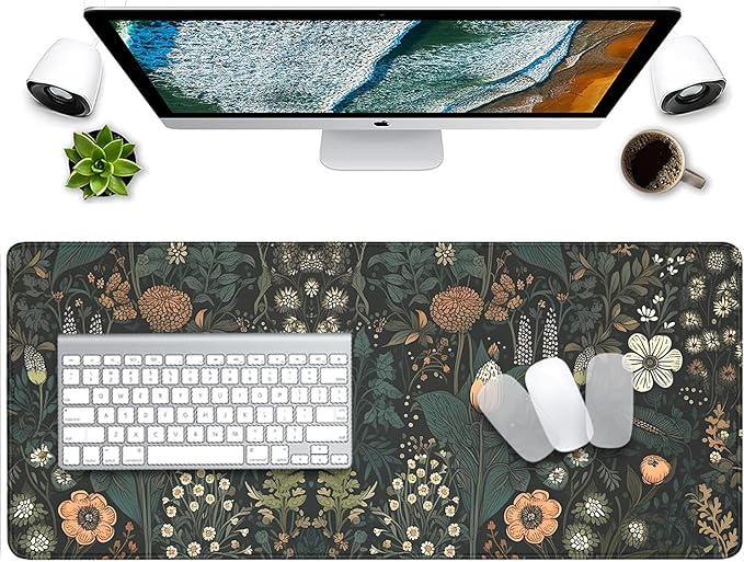 Dark Cottagecore Mouse Pad Floral Desk Pad,Botanical Mousepad, Vintage Desk Mat,Wildflower Mousepad with Stitched Edges Non-Slip Waterproof Rubber Base Mouse Mat for Office Work Home(27.5X11.8 in)
