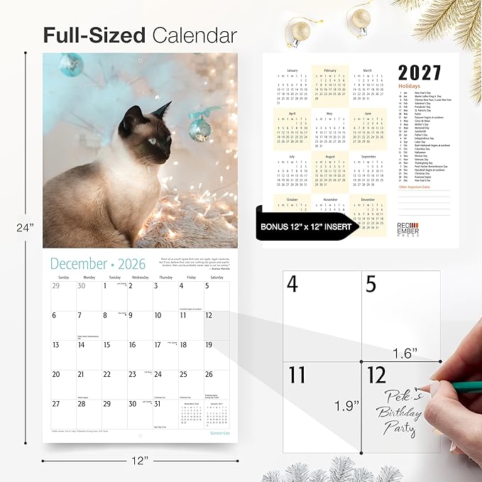RED EMBER Siamese Cats 2026 Wall Calendar 12 Month | 12" x 24" Open | Thick & Sturdy Paper | Holiday Gift | Cute Kitten Cat Calendar 2026