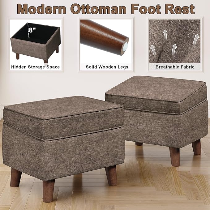 FAGAGA Storage Ottoman with Adjustable Cover, Soft Step Stool, Footrest and Seat, Ottoman Foot Rest for Living Room, Bedroom, Dorm, Brown