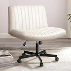 PUKAMI Criss Cross Chair with Wheels,Fabric Padded Armless Cross Legged Office Desk Chair for Home Office,Modern Swivel Height Adjustable Wide Seat(Beige)