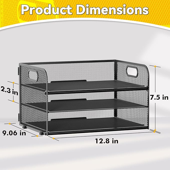 MINDEPOT 3-Tier Paper Letter Organizer Tray with Handle, Mesh Desk File Organizer for Office, Home, School - 2 Pack, Black