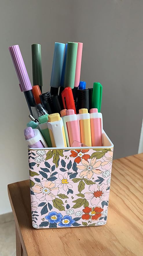 LEAZUL Pen Pencil Holder, Makeup Brush Holder,Ceramic Remote Control Holders Organizer with 2 Compartment Floral Multi-functional Office Organizers Storage Caddy Desk Tv Remote Holders Pink Flowers
