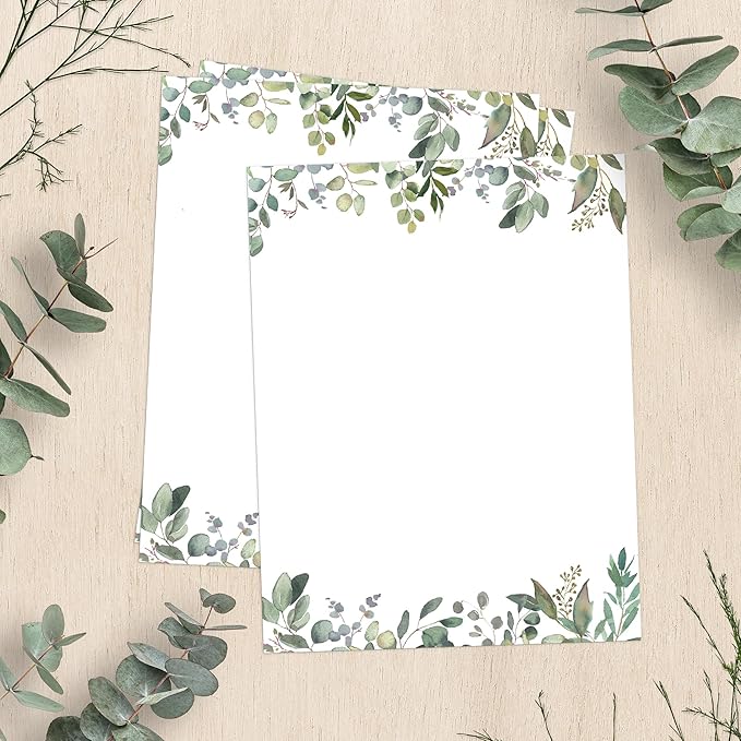 Leaf Theme Paper Stationery, Greenery Letterhead Paper 8.5 x 11 Inches, 50 Sheets, Elegant Writing Paper, Pretty Stationary Paper, Decorative Printer Paper