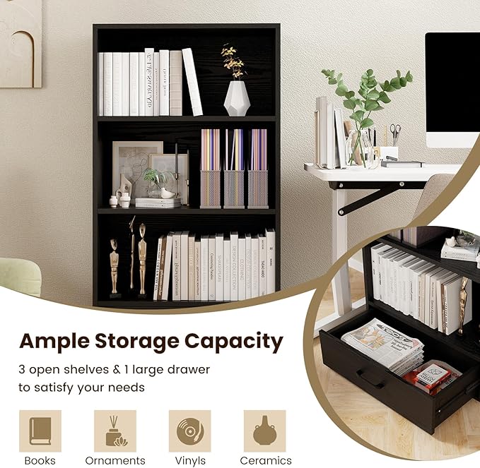 Tangkula 3 Tier Bookcase with Drawer, 42.5”Tall Freestanding Bookshelf with 3 Open Shelves & 1 Drawer, Anti-toppling Devices, Modern Display Storage Organizer for Home Office (Black, 42.5" H)