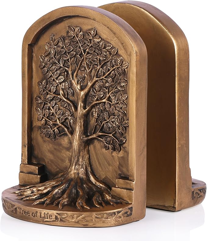 Large Vintage Tree of Life Bookends Set – 2 Non-Skid Heavy Bookends, Antique Bronze Finish Resin Decorative Bookends for Heavy Books, Office, Library, Bookshelf, Living Room, Housewarming Gift