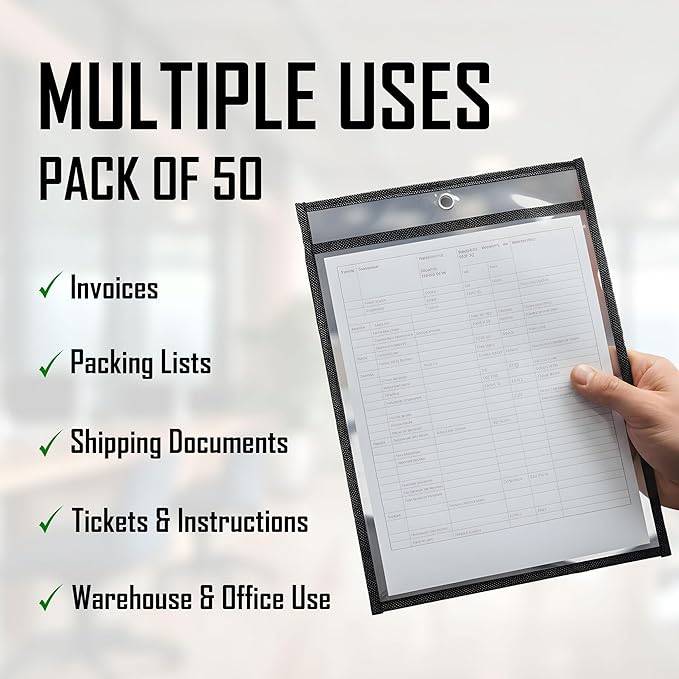 Pack of 50 Job Ticket Holders 10x14 Heavy Duty, 8.5 x 11 Letter Size, Clear & Black Plastic Sleeves, Hanging Document Sleeves, C-line Shop Ticket Holders 10x14