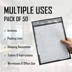 Pack of 50 Job Ticket Holders 10x14 Heavy Duty, 8.5 x 11 Letter Size, Clear & Black Plastic Sleeves, Hanging Document Sleeves, C-line Shop Ticket Holders 10x14