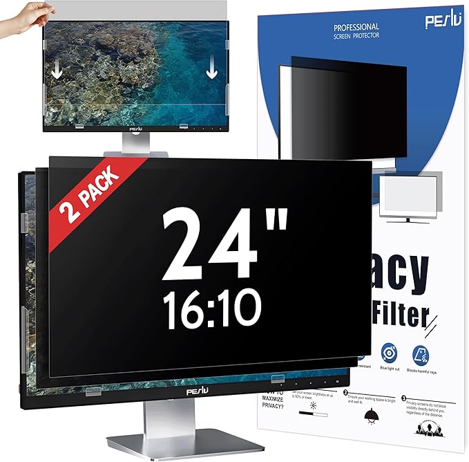 Peslv [2 Pack] 24 Inch Privacy Screen for Computer Monitor 16:10 Aspect Ratio, Eye Protection Anti Blue Light Glare Shield, 24inch Removable Black Blackout Anti Spy Desktop Security Private Filter