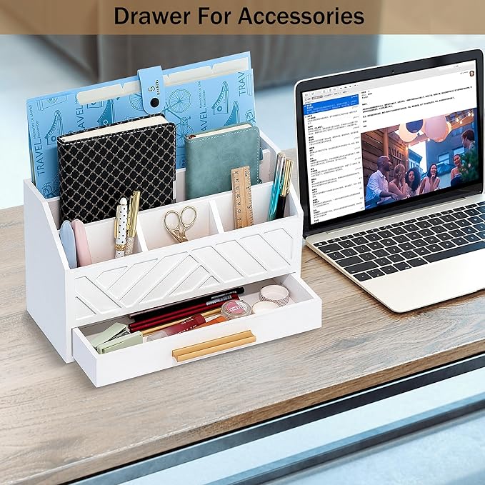 dreampossible white Wood Desk Organizer and Accessories with Drawer, Bill Mail Organizer and File Mail Holder for Office Supplies, Modern Desk Accessories & Workspace Organizers for Desk Organization
